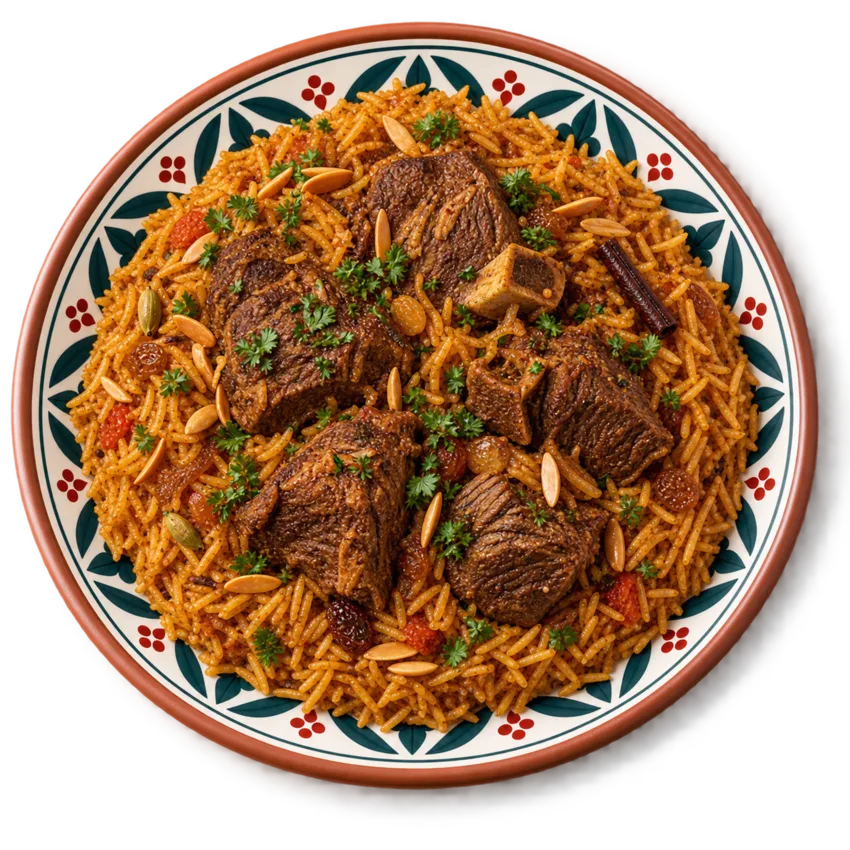 Kabsa Lahme mit Fleisch auf aromatischem Reis